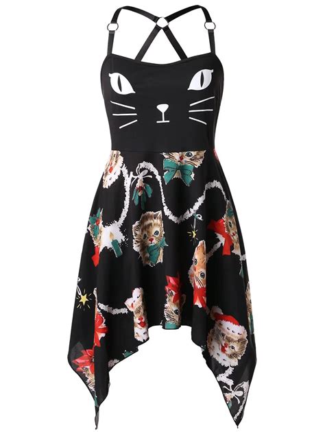 Wipalo Plus Size Backless Christmas Cat Print Spaghetti Strap