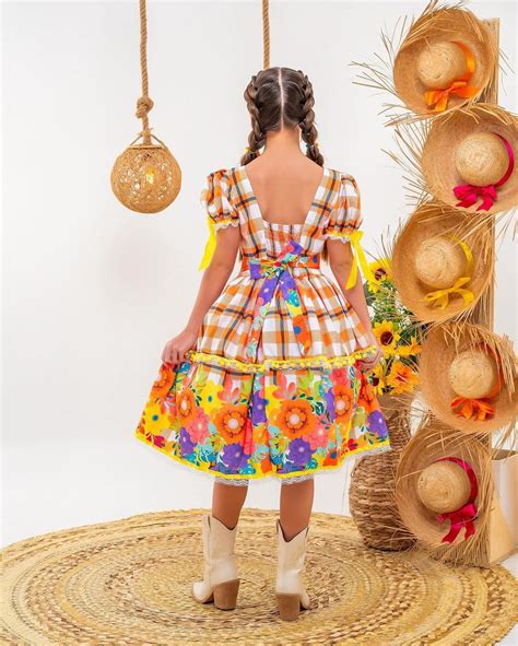 Vestido Caipira Festa Junina Infantil Floral Laranja Amarelo