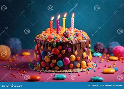 Colorful Birthday Cake With Sprinkles And Burning Candles Festive