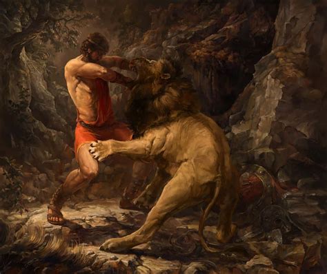 Download A Painting Of A Man Fighting A Lion | Wallpapers.com