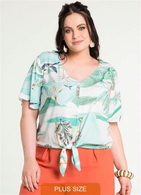 Blusa Plus Size Em Viscose Amarra O Azul Lunender Mais Mulher