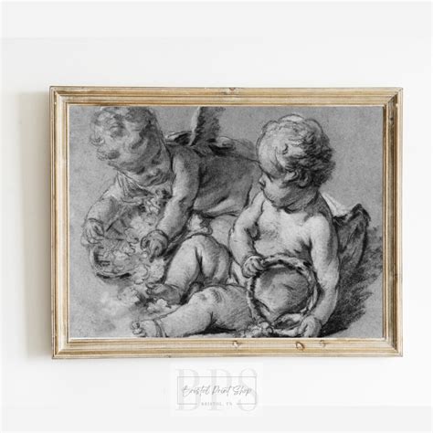 Vintage Cherubim Drawing Black White Sketch Antique Wall Art 19th