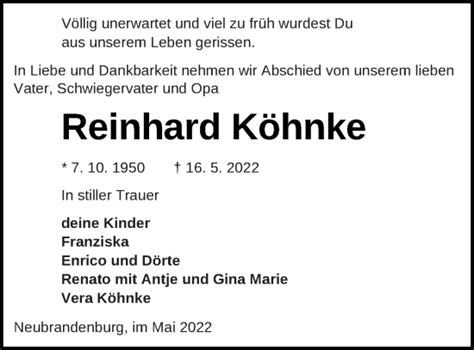 Traueranzeigen Von Reinhard K Hnke Trauer Nordkurier