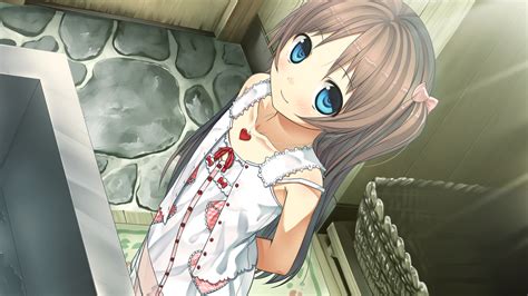 Bath Blue Eyes Blush Bow Brown Hair Cura Dress Flat Chest Game Cg Loli