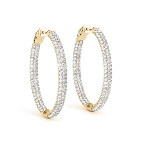 14k Yellow Gold Diamond Pave Hoop Earrings Inside Out 3 Row Diamond Earrings