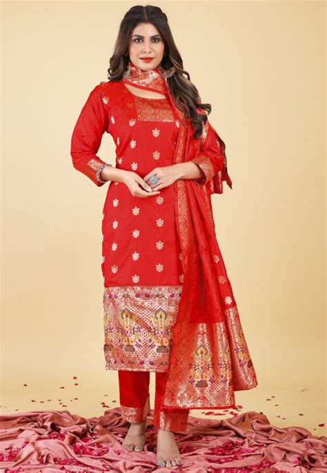 Buy Woven Art Silk Jacquard Pakistani Suit In Red Online KKV179