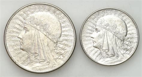 II RP 5 złotych 1934 i 10 złotych 1932 bez znaku głowa kobiety