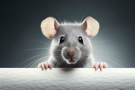 Cute White Rat Peeking Out From Behind Blank Banner Isolated On White