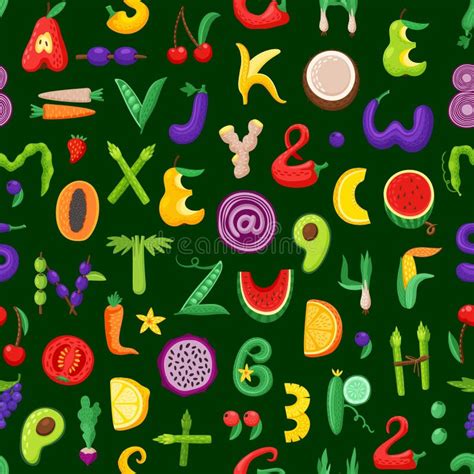 Fruit And Vegetable Font Letters Seamless Pattern Stock Vector