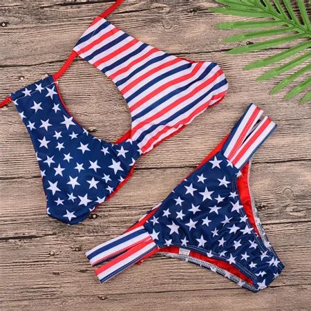 High Neck Bikini Sexy American Flag Swimsuit Hollow Out Bikini Thong Micro Women Halter
