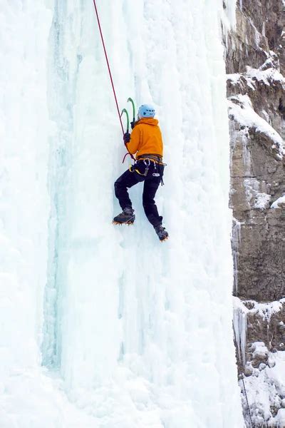 Ice Climbing Man Climbing Frozen Waterfall Stock Image Everypixel