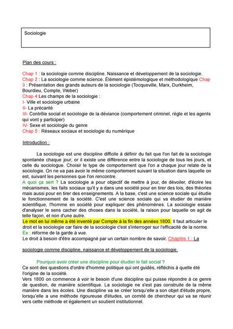 Sociologie 2 Note Du Cours Sociologie Plan Des Cours Chap 1 La