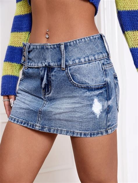 Shein Icon Ripped Button Fly Denim Skirt Shein Usa