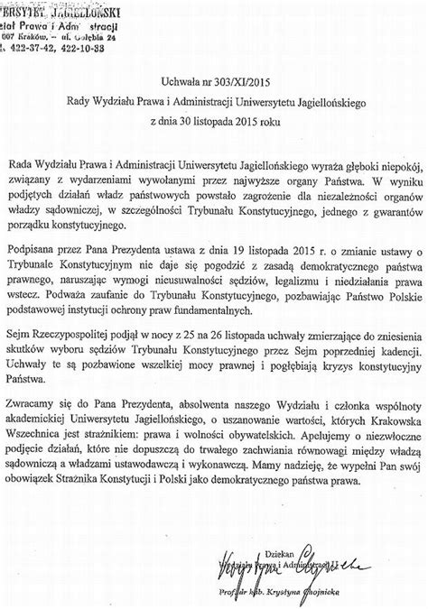 Rada wydziału prawa UJ pisze do Dudy ws TK Uchwały anulujące wybór