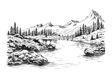 Mountain With Pine Trees And Lake Landscape Hand Drawn Illustration