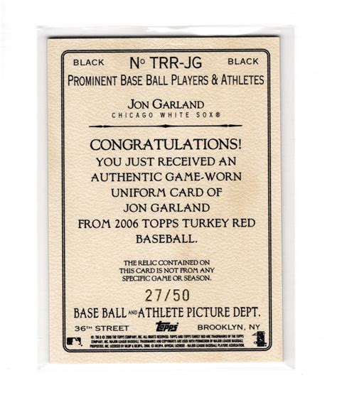 Topps Turkey Red Relics Black Jon Garland Trr Jg Chicago