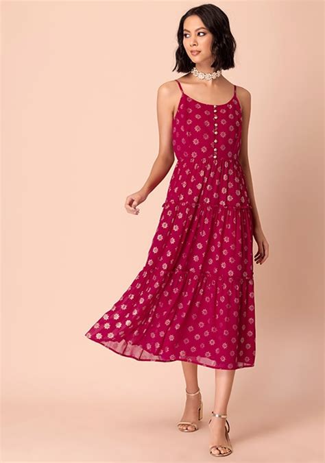 Buy Women Hot Pink Foil Strappy Tiered Kurta Rtw Indya