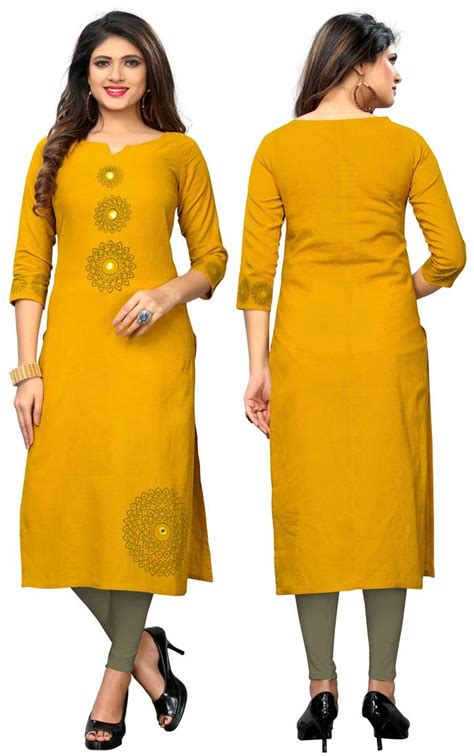 Yellow Printed Cotton Cotton Kurtis Vbuyz 2812555