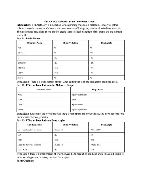 Lab Report Chem Lab Experiment Vsepr And Molecular Shape