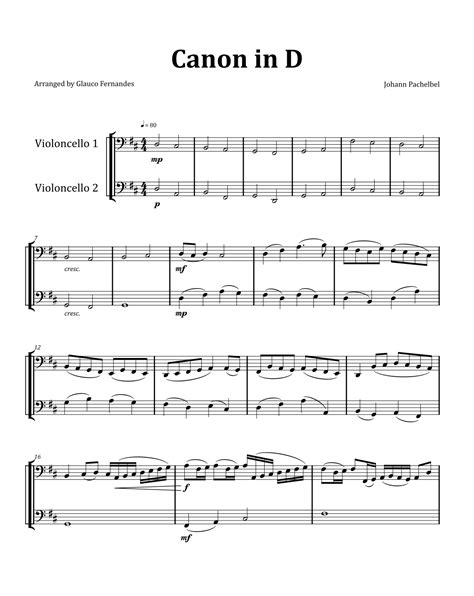 Canon By Pachelbel Cello Duet Arr Glauco Fernandes Sheet Music Johann Pachelbel Cello Duet