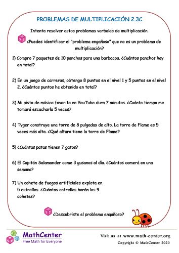 Problemas De Multiplicación 2 3C Hojas de trabajo Math Center