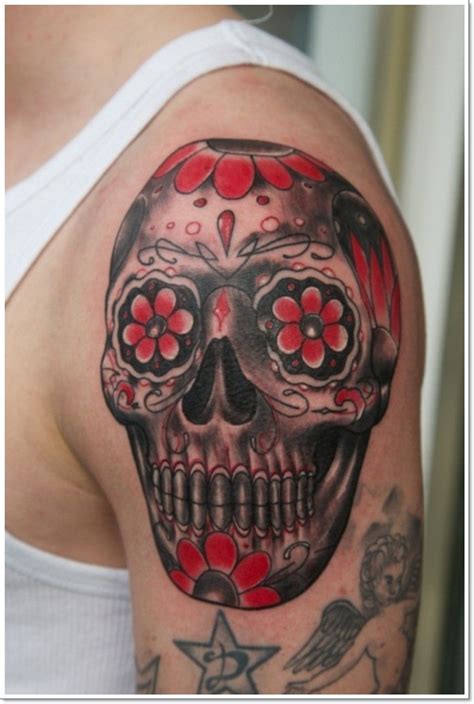 Mexican black red sugar skull tattoo on shoulder - Tattooimages.biz