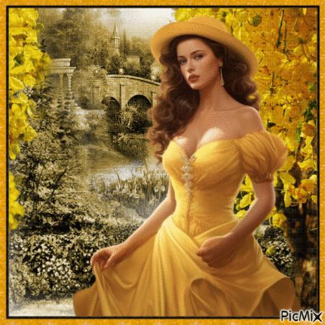 Brunette en jaune avec des fleurs jaunes animé gratuit PicMix