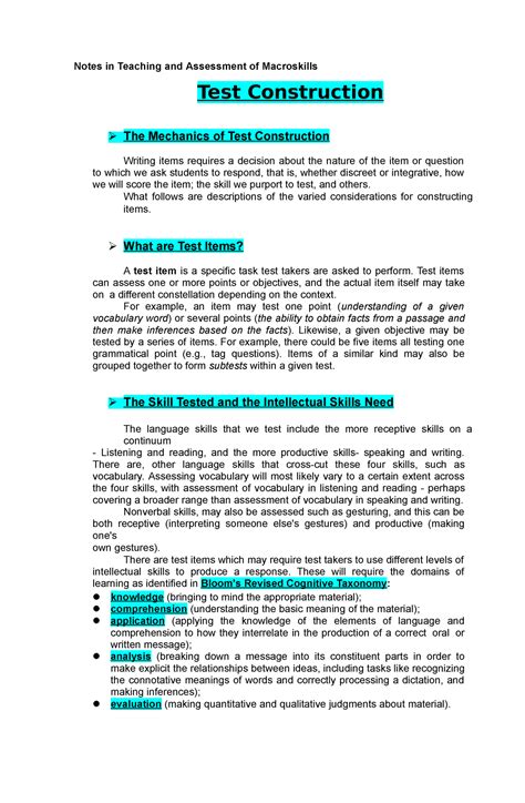 Test Construction Notes In Teaching And Assessment Of Macroskills