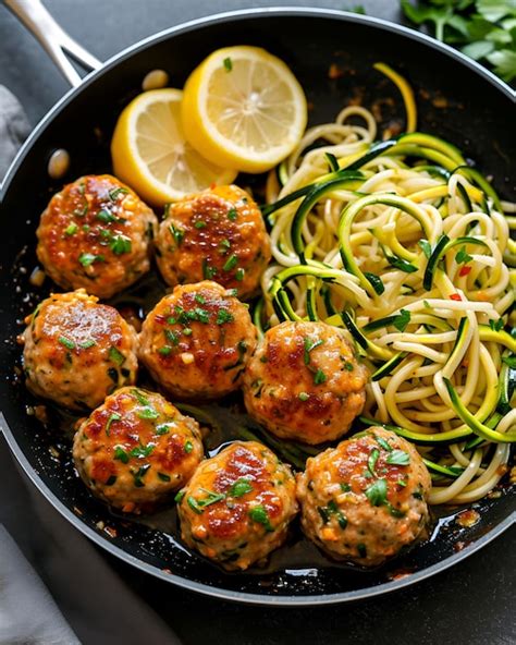 Premium Ai Image Garlic Butter Turkey Meatballs With Zucchini Noodles