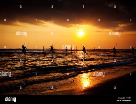 Las Siluetas De Los Pescadores Tradicionales De Zancudos Al Atardecer