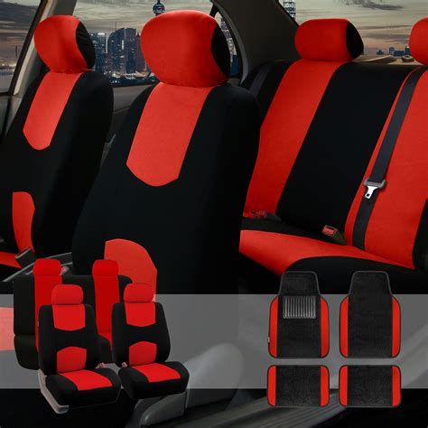 FH Group Car Seat Covers Set For Auto 4 Headrests Black Red With Carpet