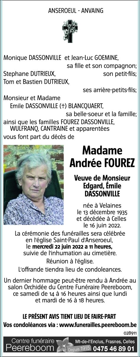 Avis De Décès De Andrée Fourez Décédé Le 16 06 2022 à Celles Annonce