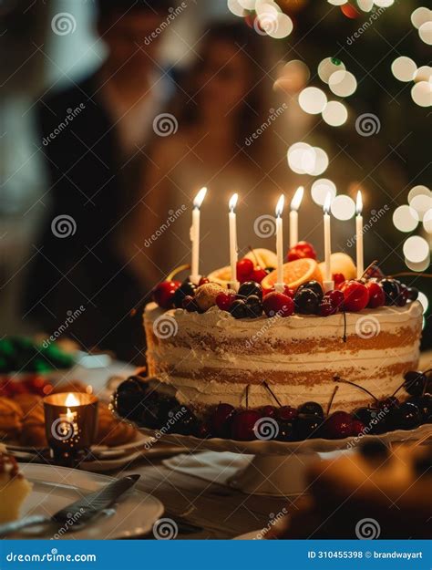 Birthday Cake With Lit Candles On Table Stock Illustration