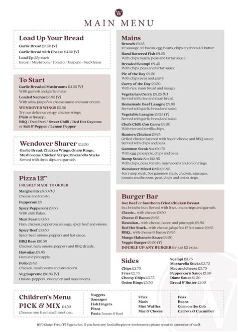 Menu at The Wendover pub & bar, Towyn