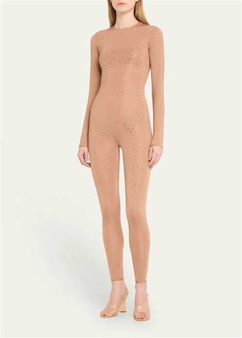 Swarovski X Skims Jelly Sheer Crystal Embellished Catsuit In Sienna