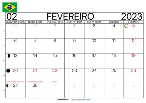 Calendário 2023 Fevereiro Feriados Brasil