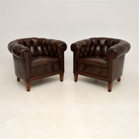 Pair Of Antique Swedish Leather Chesterfield Armchairs Marylebone