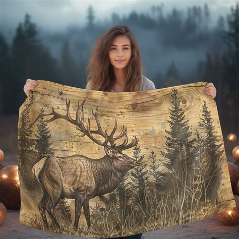 Wood Burned Style Majestic Elk Double Sided Throw Blanket Rustic