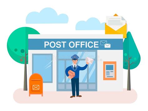 Postman With Parcel And Envelope At The Door In The Background Of The