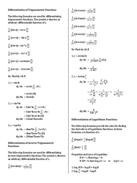 Differentiation Of Trigonometric Inverse Trigo Exponential And Hyperbolic Functions