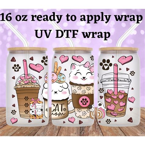 Uv Dtf Cat Mom Latte Cup Wrap Cup Wrap For 16oz Glass Can Etsy