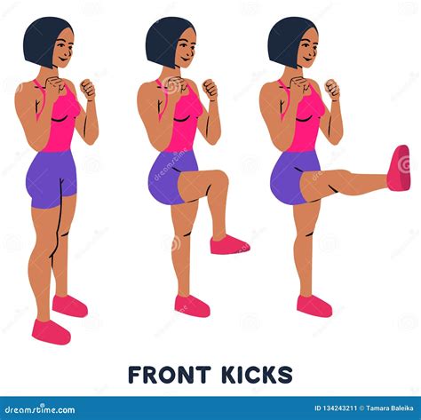 Front Kicks Sport Exersice Silhouettes Of Woman Doing Exercise Stock