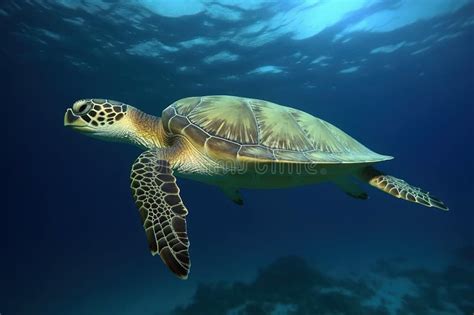 Sea Turtles Swimming Underwater Deep Blue Sea AI Generated Stock