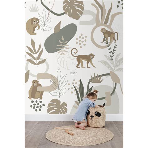 Estahome Fotobehang Jungle Apen Beige En Groen X Cm