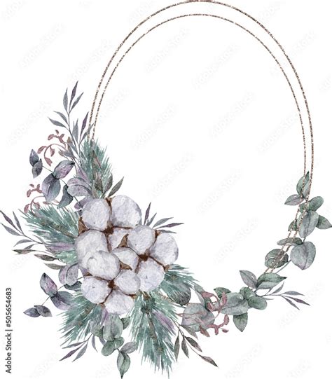 Watercolor Eucalyptus Wreath Frame Clipart Winter Cotton Flower