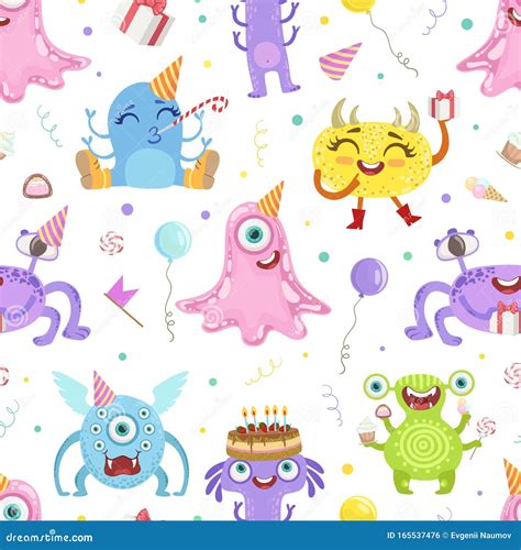 Seamless Pattern With Cute Monsters Vector Illustration Stock Vector