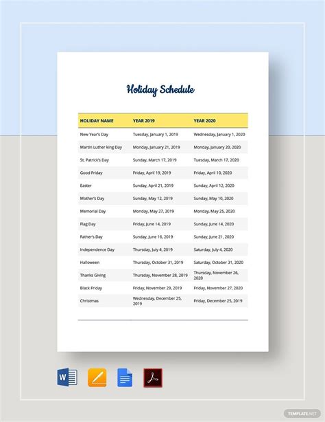 Company Holiday Schedule Template in Word, Pages, PDF, Google Docs ...