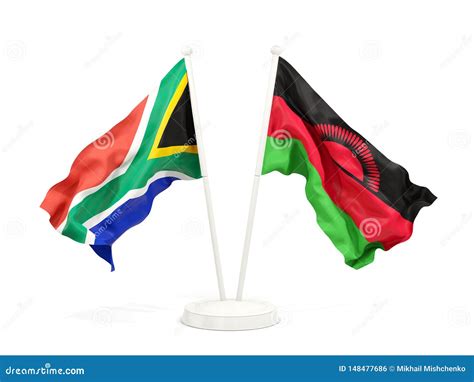 Dos Banderas Que Agitan De Sur Frica Y De Malawi Aislados En Blanco