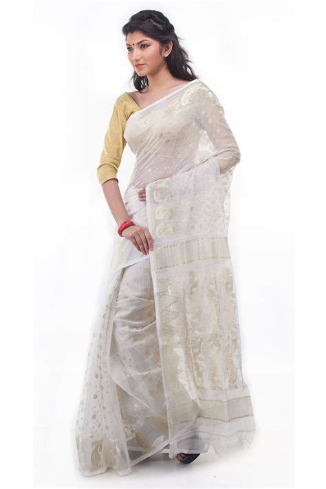 Exclusive White Gold Dhakai Jamdani Muslin Saree From Bangladesh