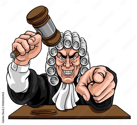 An Angry Or Mean Judge Cartoon Character Pointing And Holding His Gavel